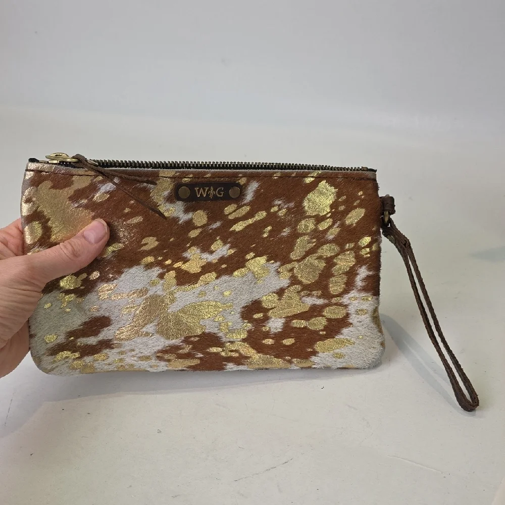 Wild Goose WG Gold and Brown Leather‎ Cowhide Hair Wristlet Clutch